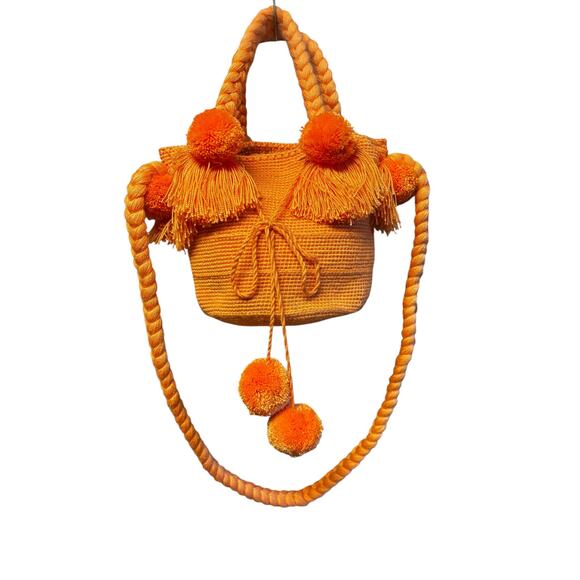 Sensi Studio Orange Shoulder Tote Bag Pom Pom Tassel Woven Picnic Vacation - Picture 1 of 7